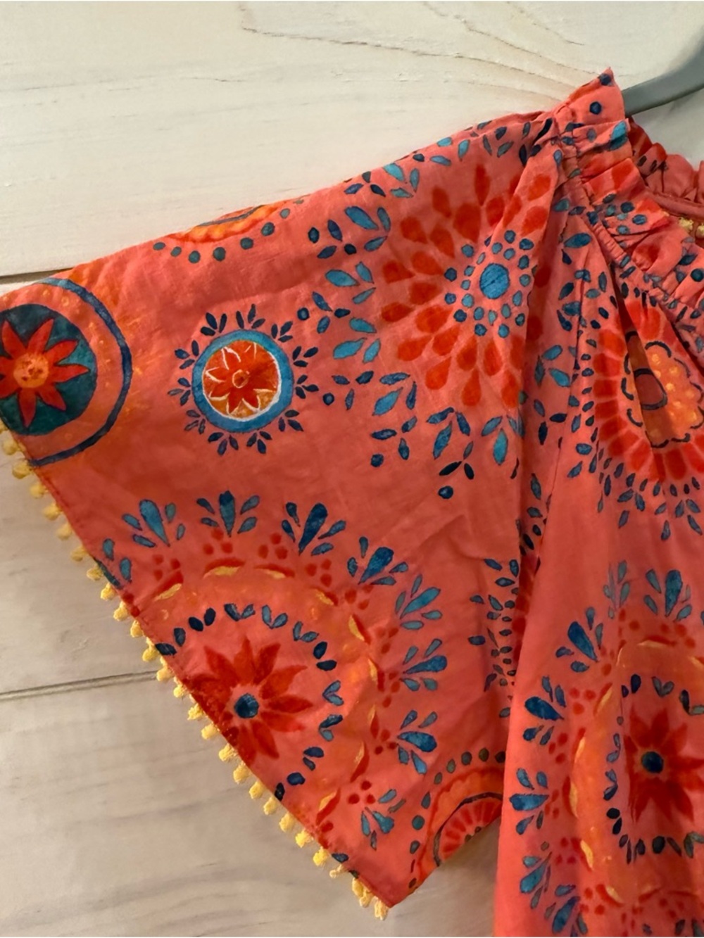 THML Floral Ruffle Mini Dress Small Bright Spring Summer Tiered Boho pom trim - Picture 7 of 11